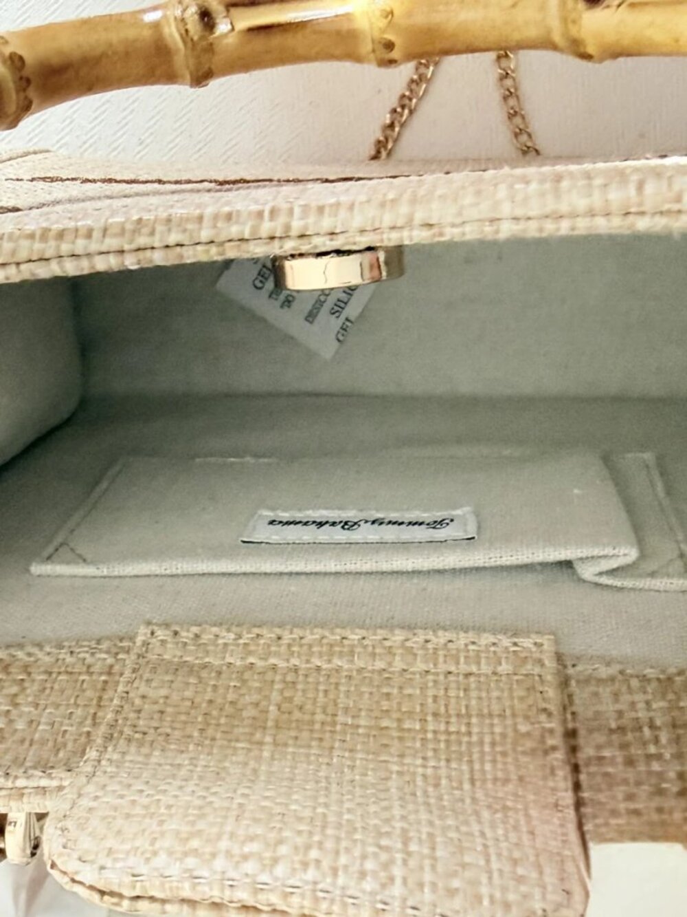 Tommy Bahama Natural Woven Straw Bag Crossbody Bamboo Handles Gold Chaiт NWT - Picture 11 of 16